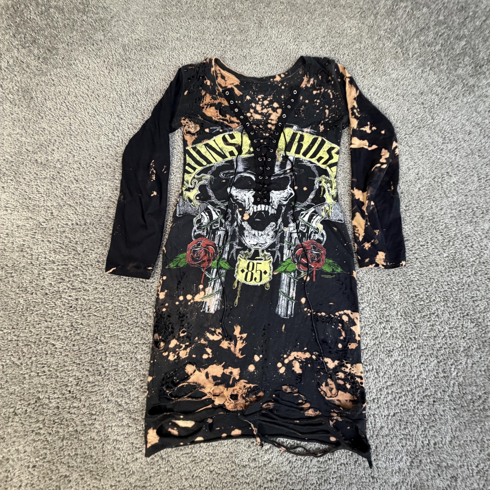 Guns N' Roses Dress Girls 2xl Black Tie Dye T-Shirt Dress Lace Up Distressed